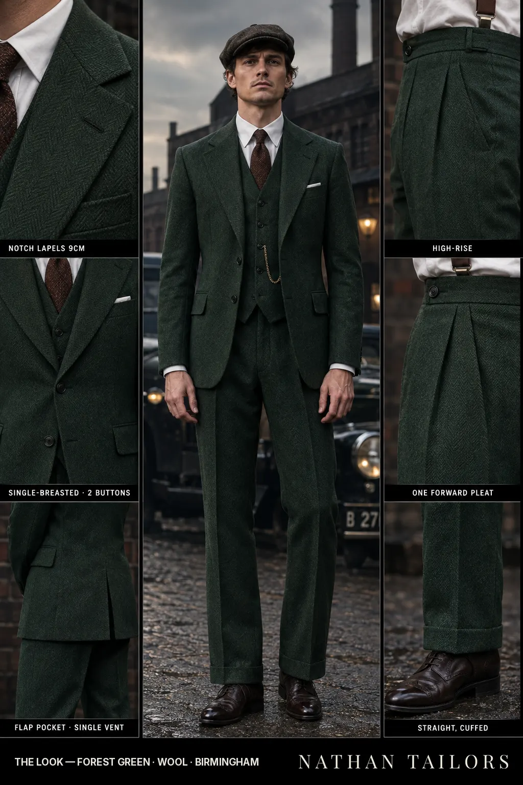 forest green herringbone single-breasted bespoke suit โ custom tailored by Nathan Tailors, the Hoi An custom tailor