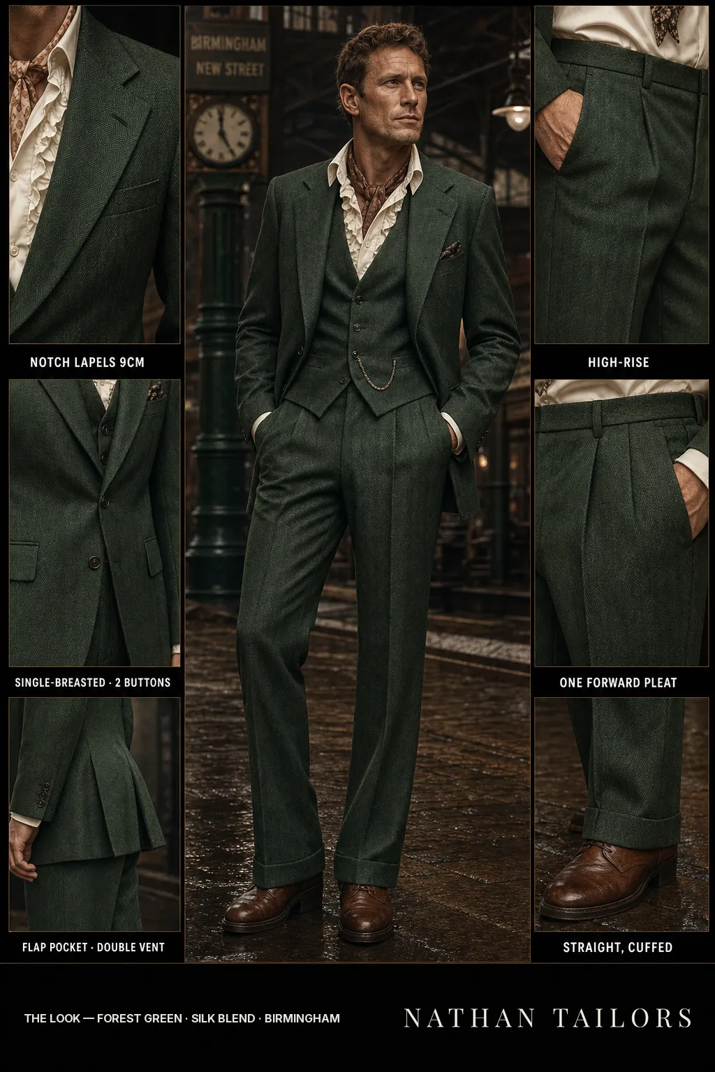 forest green herringbone single-breasted notch-lapel bespoke suit — AI-rendered by Nathan Tailors, the Hoi An custom tailor. Available as a custom tailored suit from $149.
