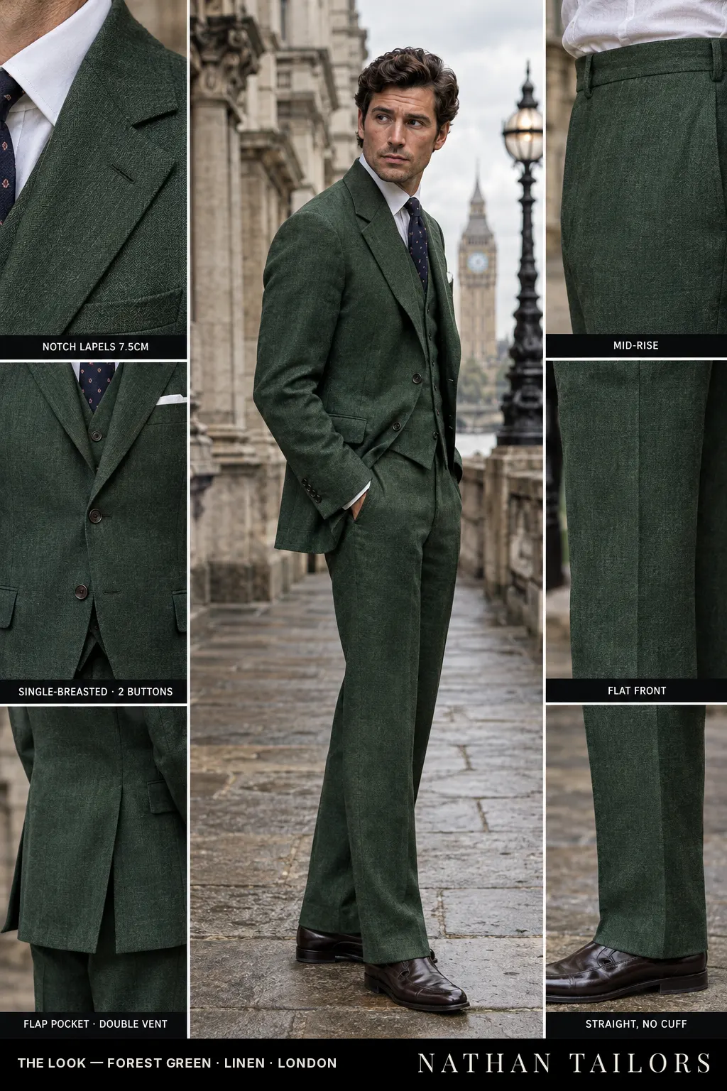 forest green herringbone single-breasted bespoke suit — custom tailored by Nathan Tailors, the Hoi An custom tailor