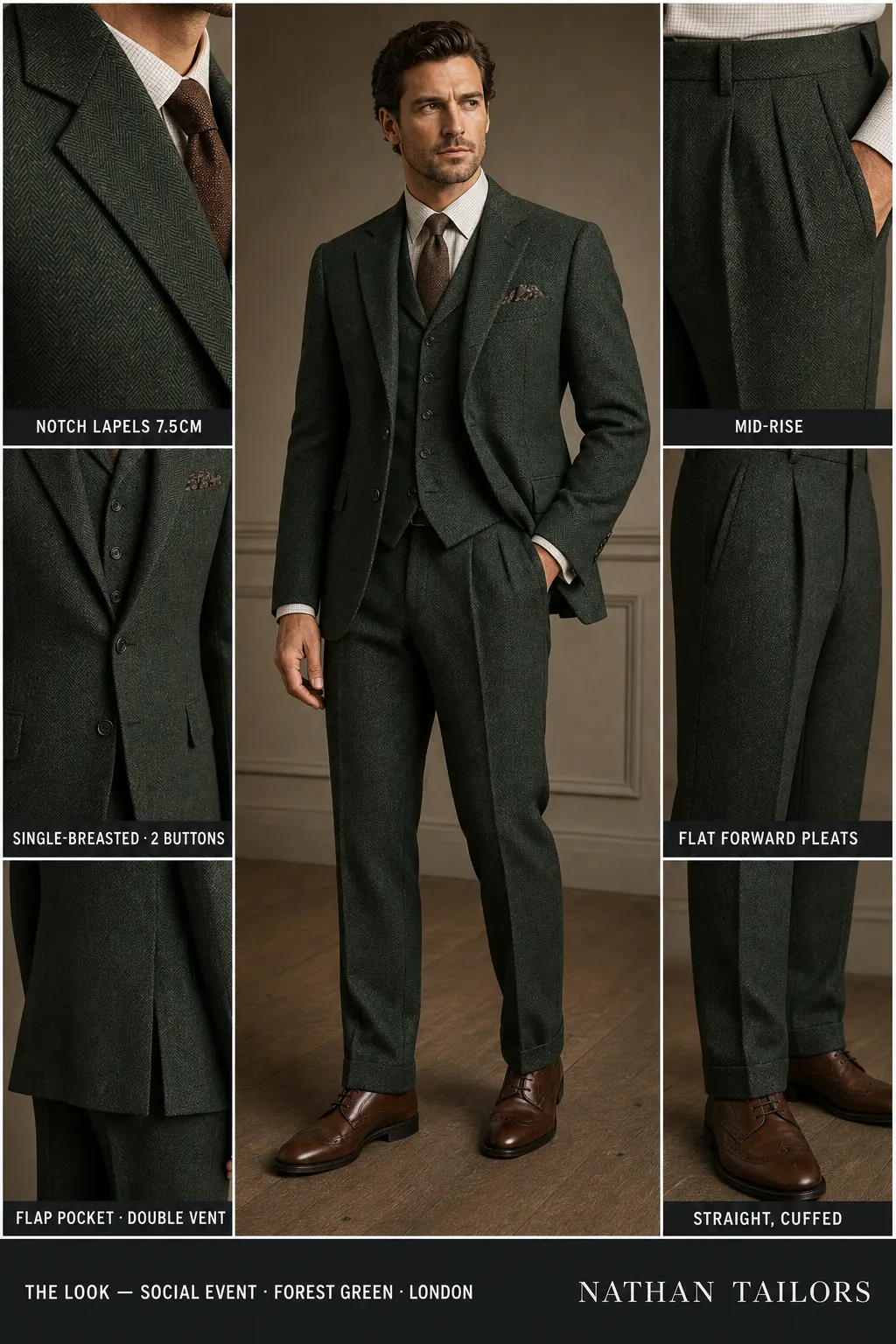 forest green herringbone single-breasted notch-lapel bespoke suit — AI-rendered by Nathan Tailors, the Hoi An custom tailor. Available as a custom tailored suit from $149.