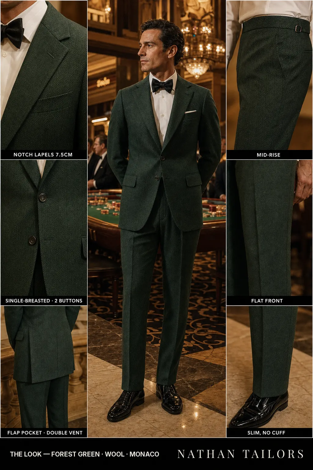 forest green herringbone single-breasted notch-lapel bespoke suit โ AI-rendered by Nathan Tailors, the Hoi An custom tailor. Available as a custom tailored suit from $149.