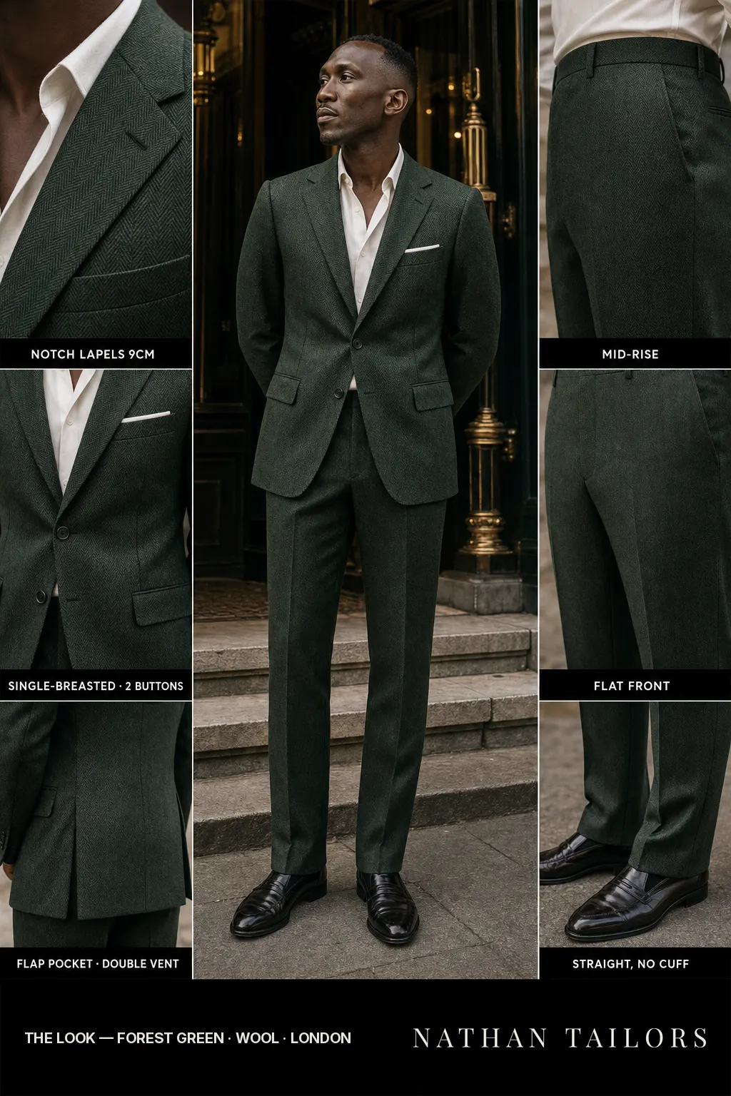 forest green herringbone single-breasted notch-lapel bespoke suit — AI-rendered by Nathan Tailors, the Hoi An custom tailor. Available as a custom tailored suit from $149.