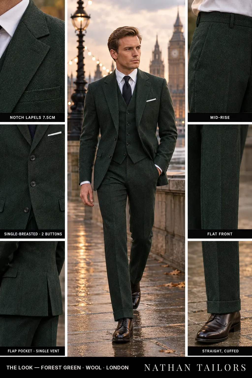 forest green herringbone single-breasted bespoke suit โ custom tailored by Nathan Tailors, the Hoi An custom tailor