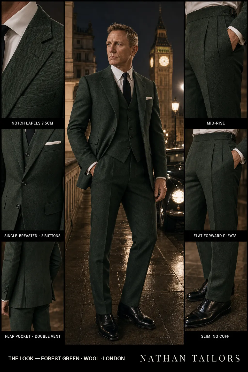 forest green herringbone single-breasted notch-lapel bespoke suit โ AI-rendered by Nathan Tailors, the Hoi An custom tailor. Available as a custom tailored suit from $149.