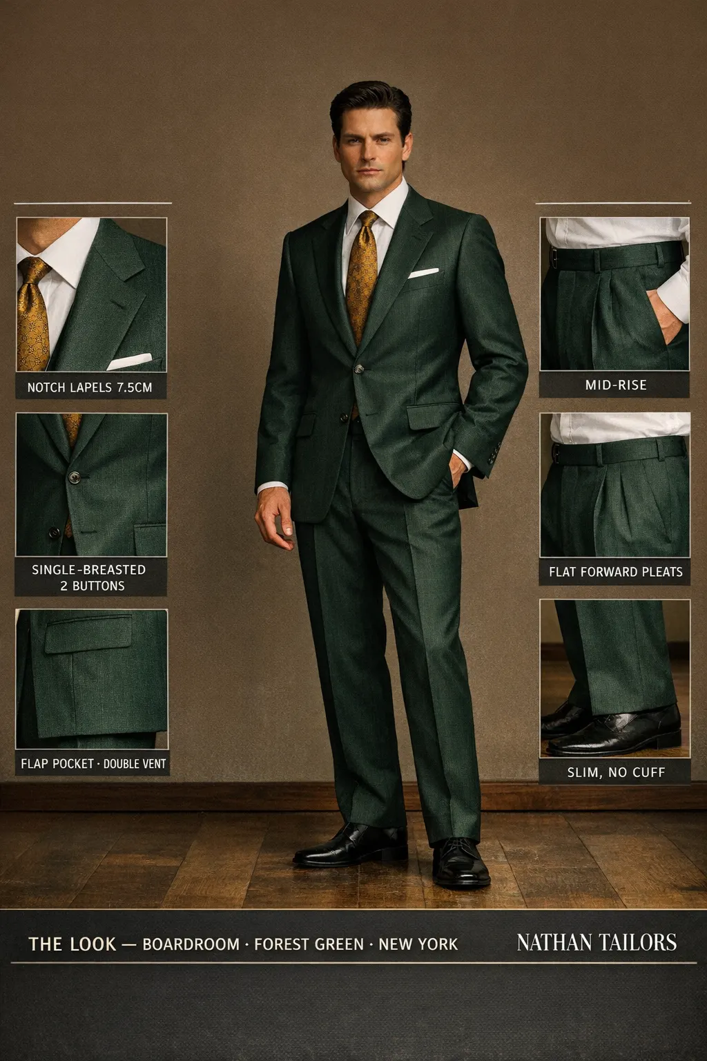 forest green herringbone single-breasted notch-lapel bespoke suit — AI-rendered by Nathan Tailors, the Hoi An custom tailor. Available as a custom tailored suit from $149.