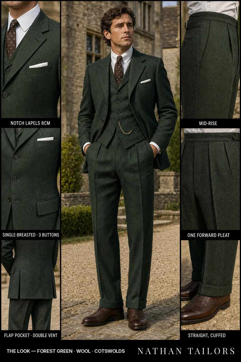 forest green herringbone single-breasted notch-lapel bespoke suit — AI-rendered by Nathan Tailors, the Hoi An custom tailor. Available as a custom tailored suit from $149.