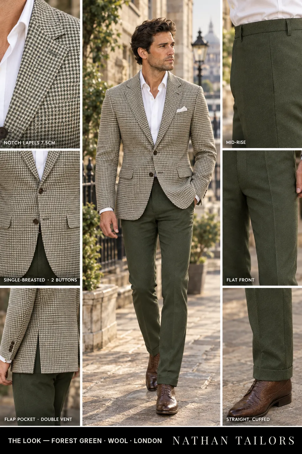 forest green herringbone single-breasted bespoke suit — custom tailored by Nathan Tailors, the Hoi An custom tailor