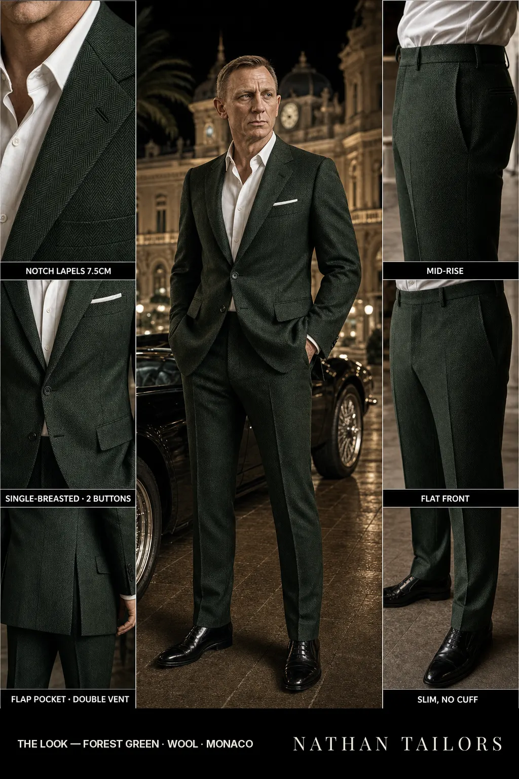 forest green herringbone single-breasted notch-lapel bespoke suit — AI-rendered by Nathan Tailors, the Hoi An custom tailor. Available as a custom tailored suit from $149.
