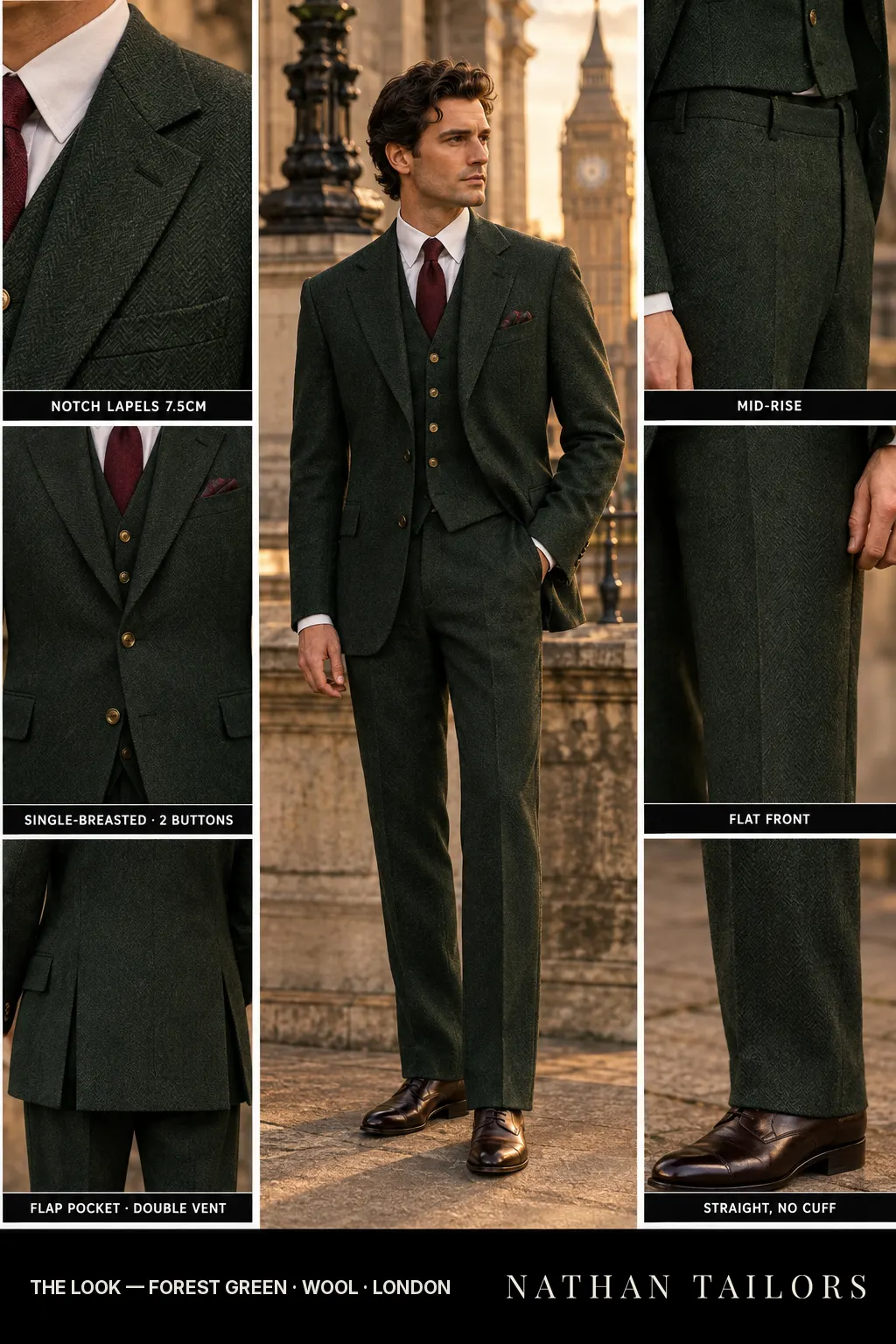 forest green herringbone single-breasted bespoke suit โ custom tailored by Nathan Tailors, the Hoi An custom tailor