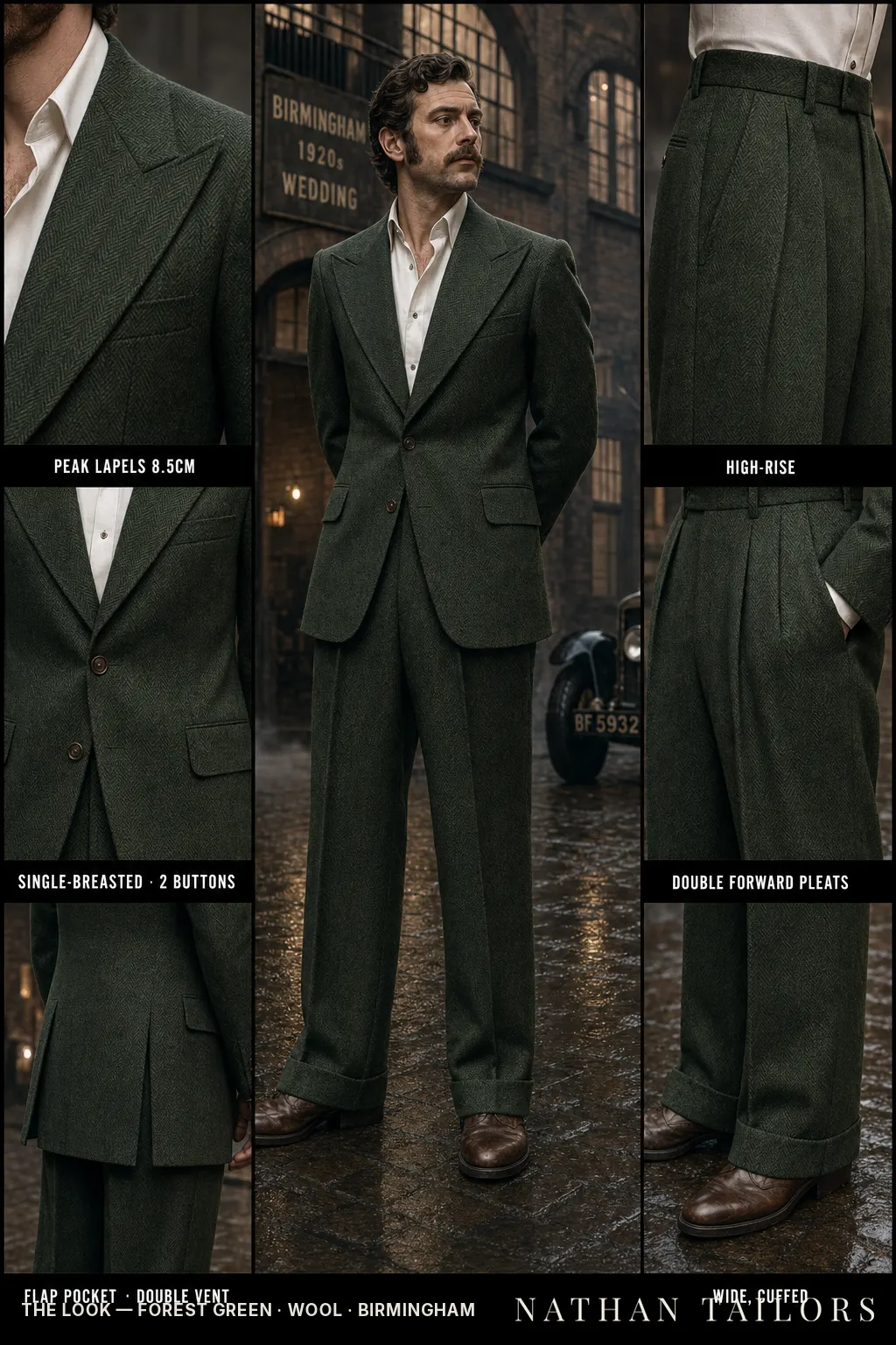 forest green herringbone single-breasted peak-lapel bespoke suit — AI-rendered by Nathan Tailors, the Hoi An custom tailor. Available as a custom tailored suit from $149.