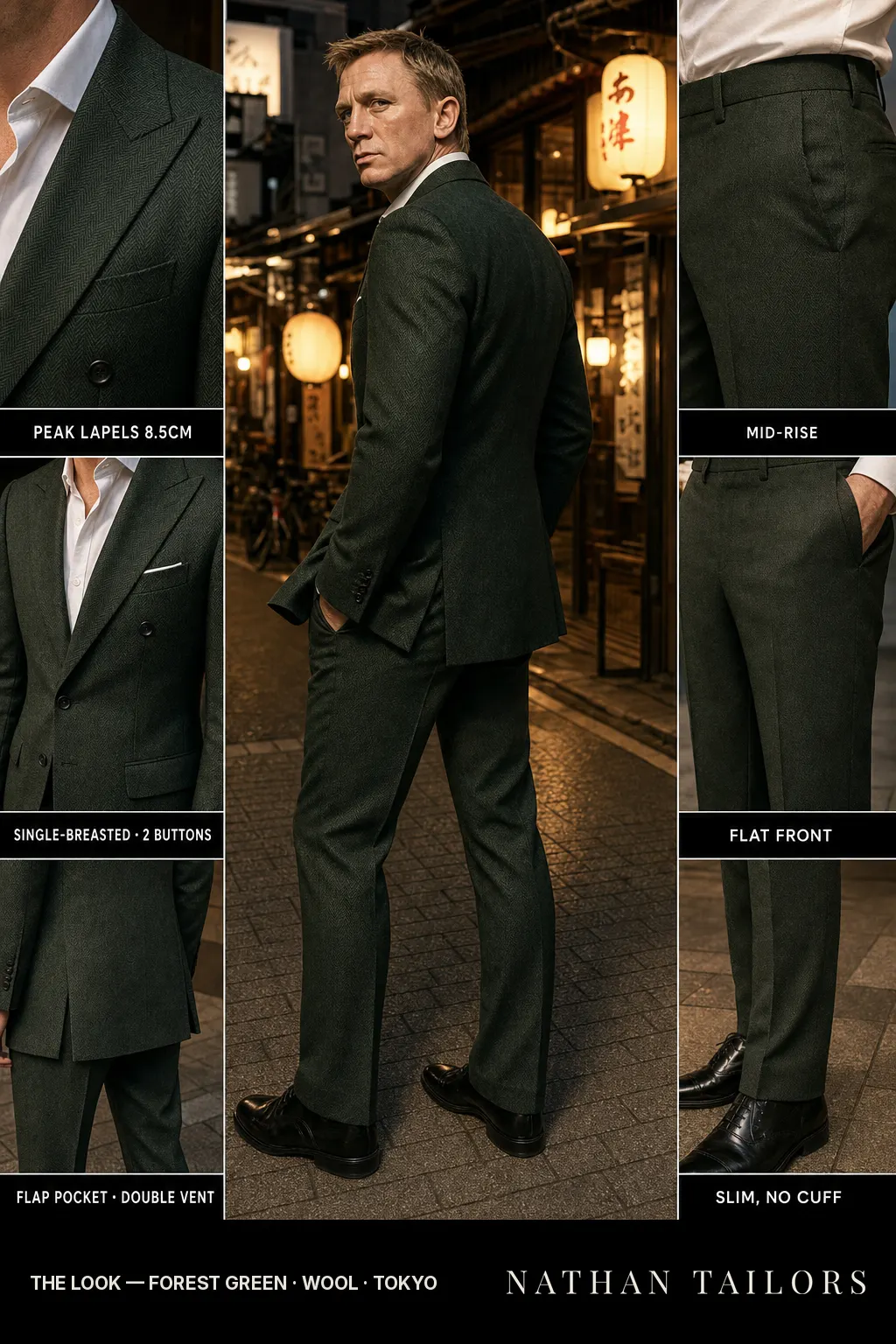 forest green herringbone single-breasted peak-lapel bespoke suit — AI-rendered by Nathan Tailors, the Hoi An custom tailor. Available as a custom tailored suit from $149.