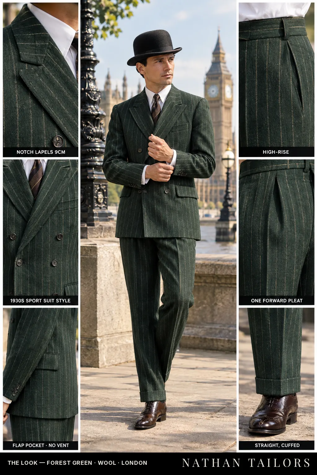 forest green pinstripe double-breasted bespoke suit — custom tailored by Nathan Tailors, the Hoi An custom tailor