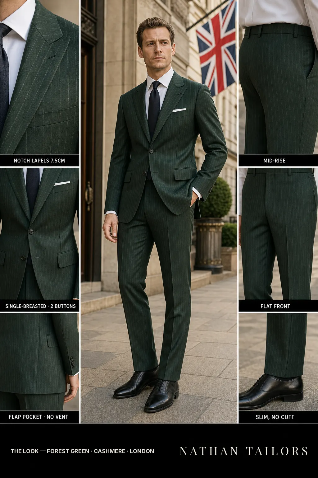 forest green pinstripe single-breasted notch-lapel bespoke suit — AI-rendered by Nathan Tailors, the Hoi An custom tailor. Available as a custom tailored suit from $149.