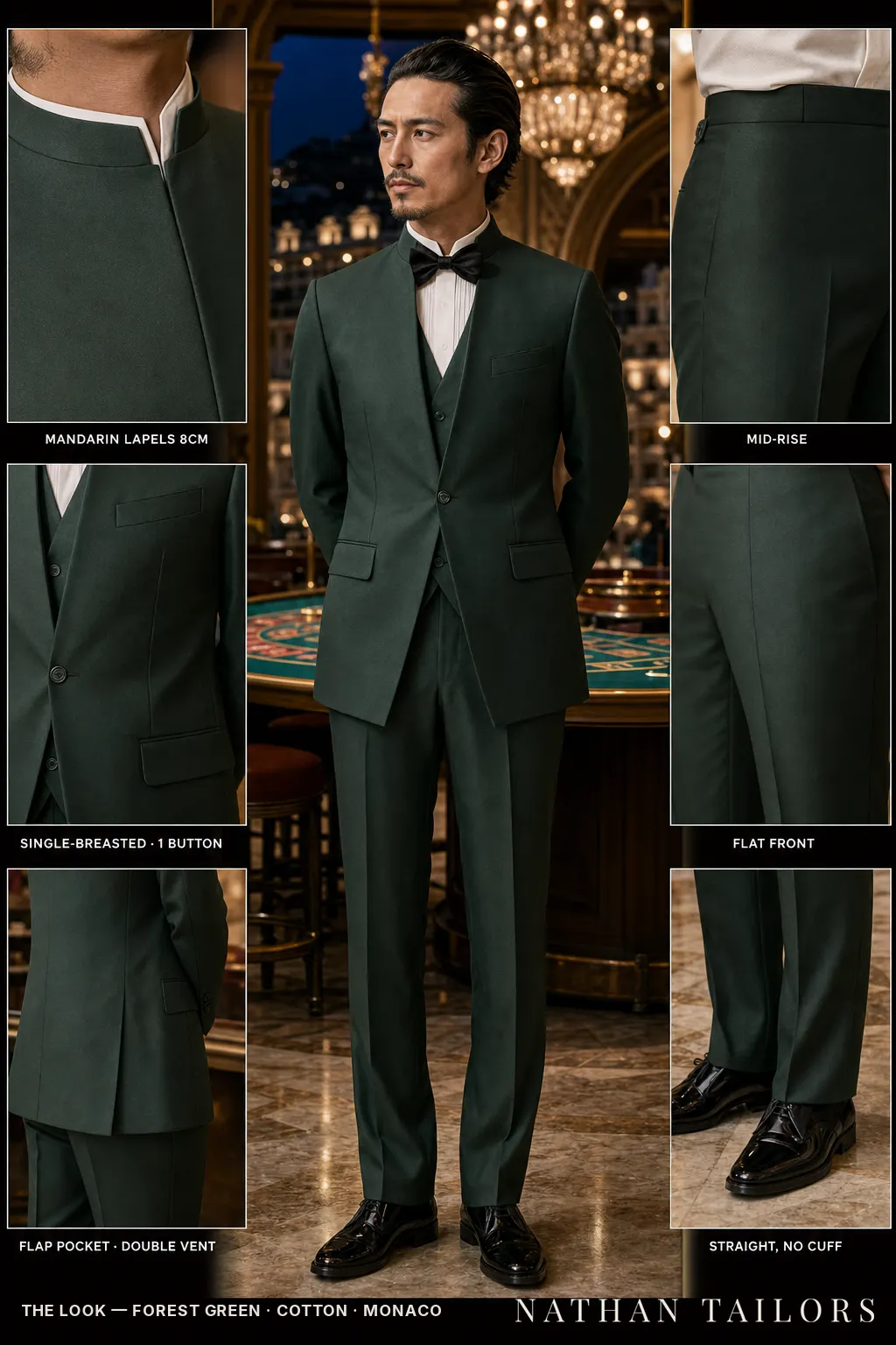 forest green single-breasted mandarin-lapel bespoke suit โ AI-rendered by Nathan Tailors, the Hoi An custom tailor. Available as a custom tailored suit from $149.