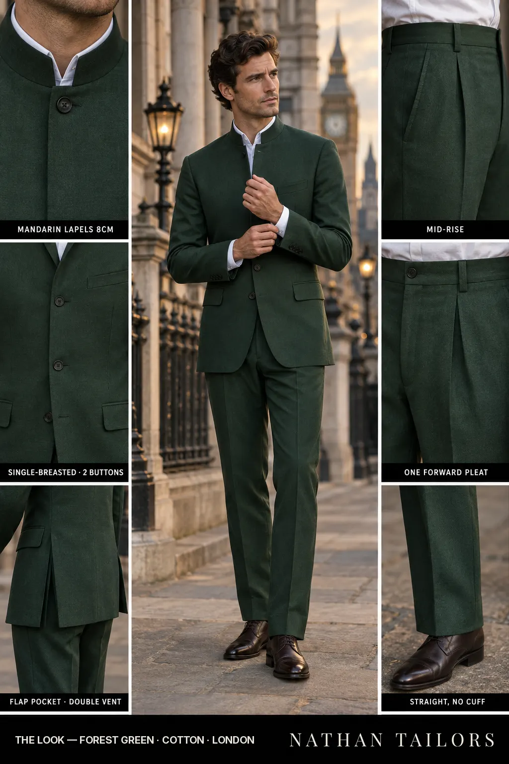 forest green single-breasted bespoke suit — custom tailored by Nathan Tailors, the Hoi An custom tailor