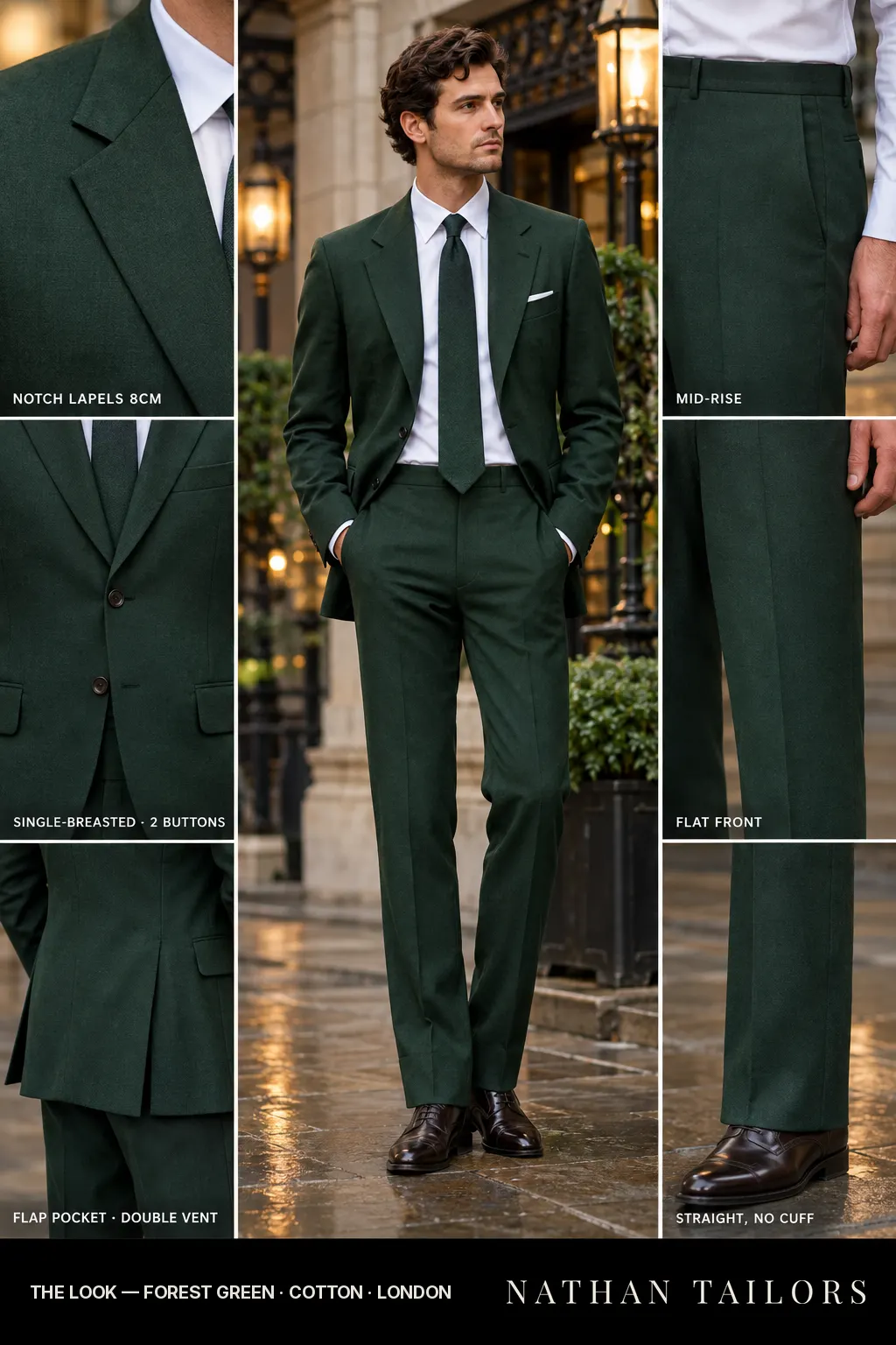 forest green single-breasted bespoke suit — custom tailored by Nathan Tailors, the Hoi An custom tailor