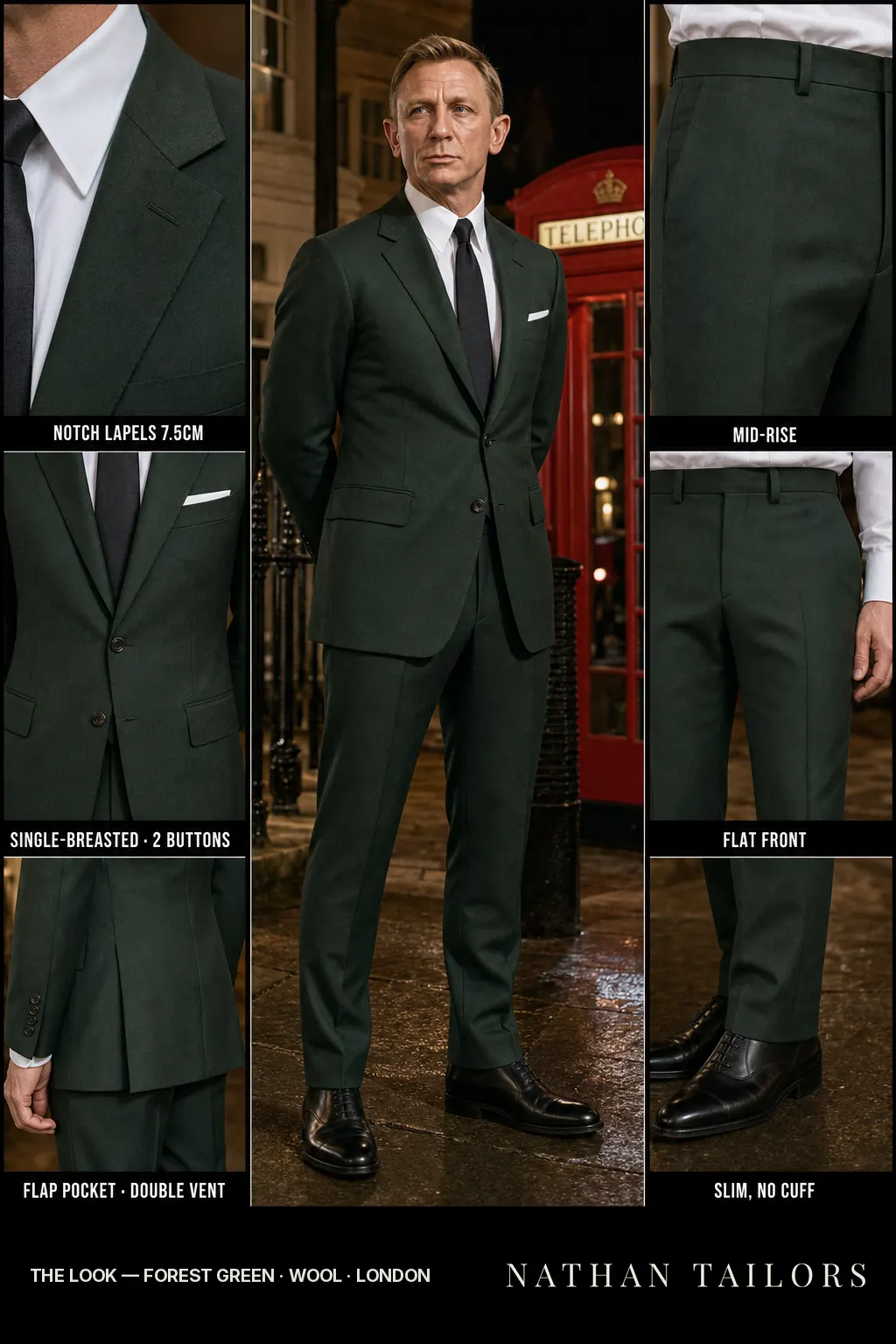 forest green single-breasted bespoke suit — custom tailored by Nathan Tailors, the Hoi An custom tailor