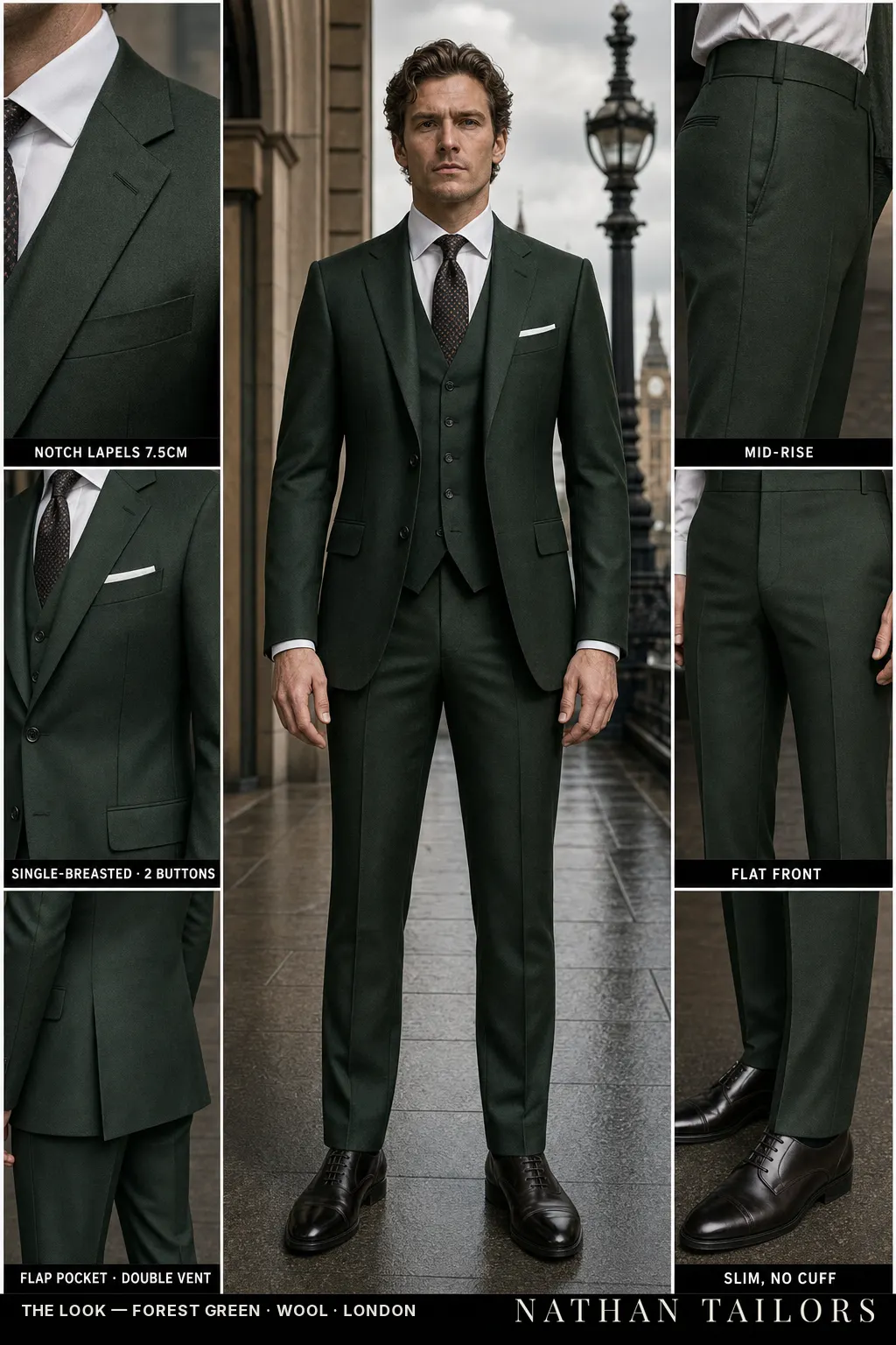 forest green single-breasted notch-lapel bespoke suit — AI-rendered by Nathan Tailors, the Hoi An custom tailor. Available as a custom tailored suit from $149.