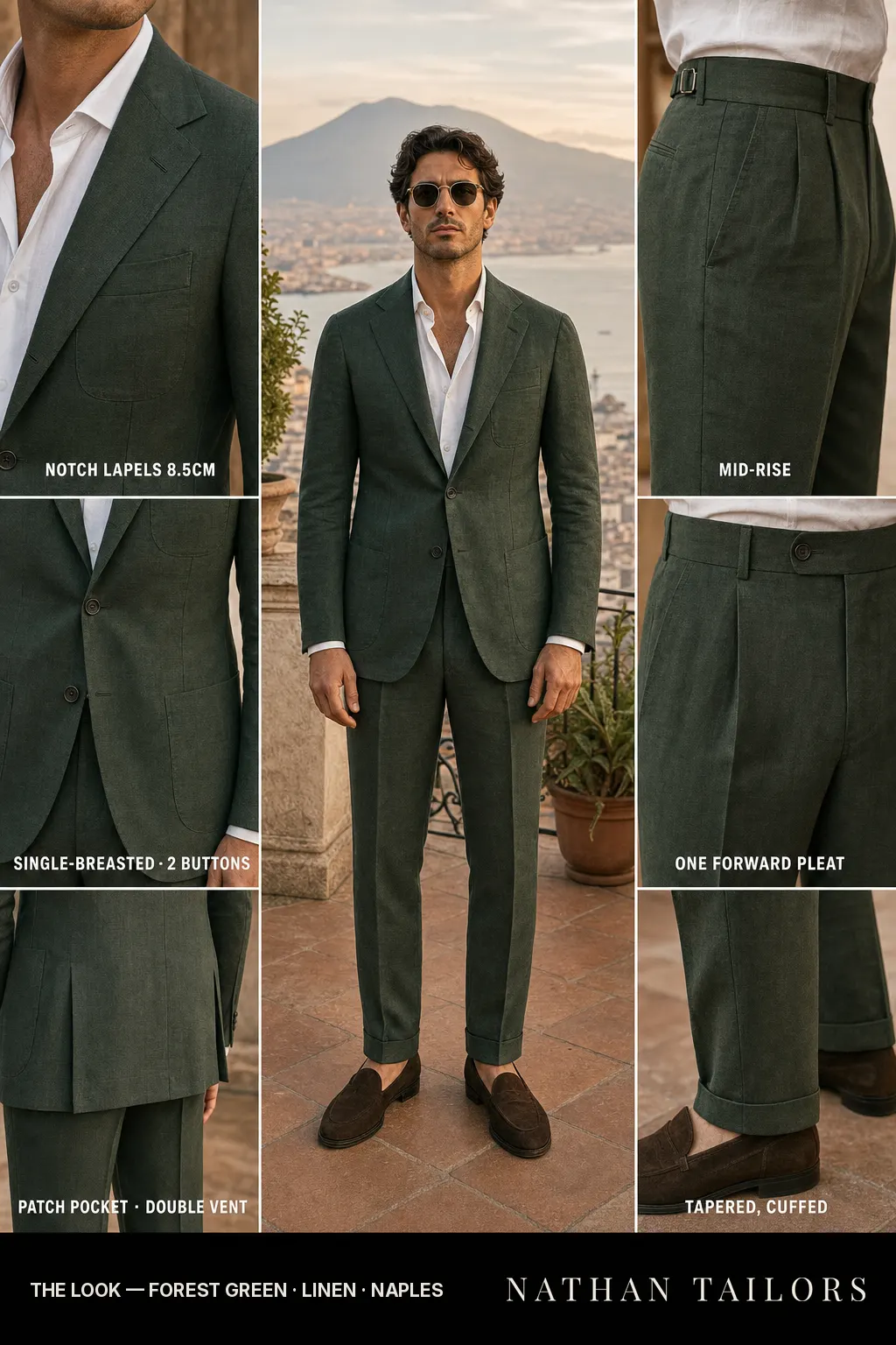 forest green single-breasted notch-lapel bespoke suit — AI-rendered by Nathan Tailors, the Hoi An custom tailor. Available as a custom tailored suit from $149.