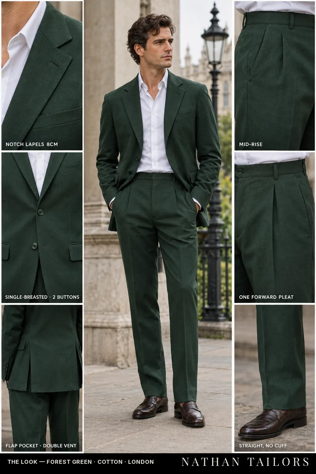 forest green single-breasted notch-lapel bespoke suit — AI-rendered by Nathan Tailors, the Hoi An custom tailor. Available as a custom tailored suit from $149.