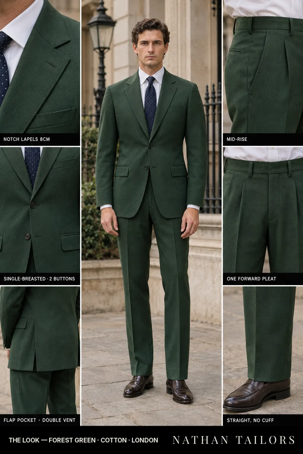 forest green single-breasted bespoke suit — custom tailored by Nathan Tailors, the Hoi An custom tailor