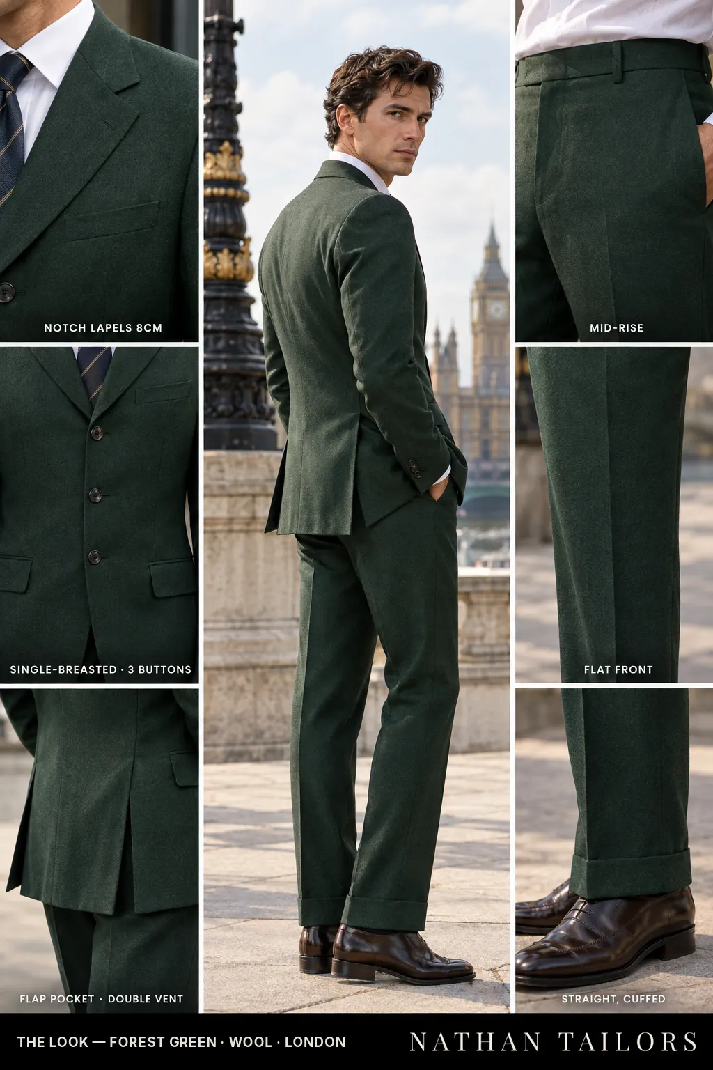 forest green single-breasted bespoke suit — custom tailored by Nathan Tailors, the Hoi An custom tailor