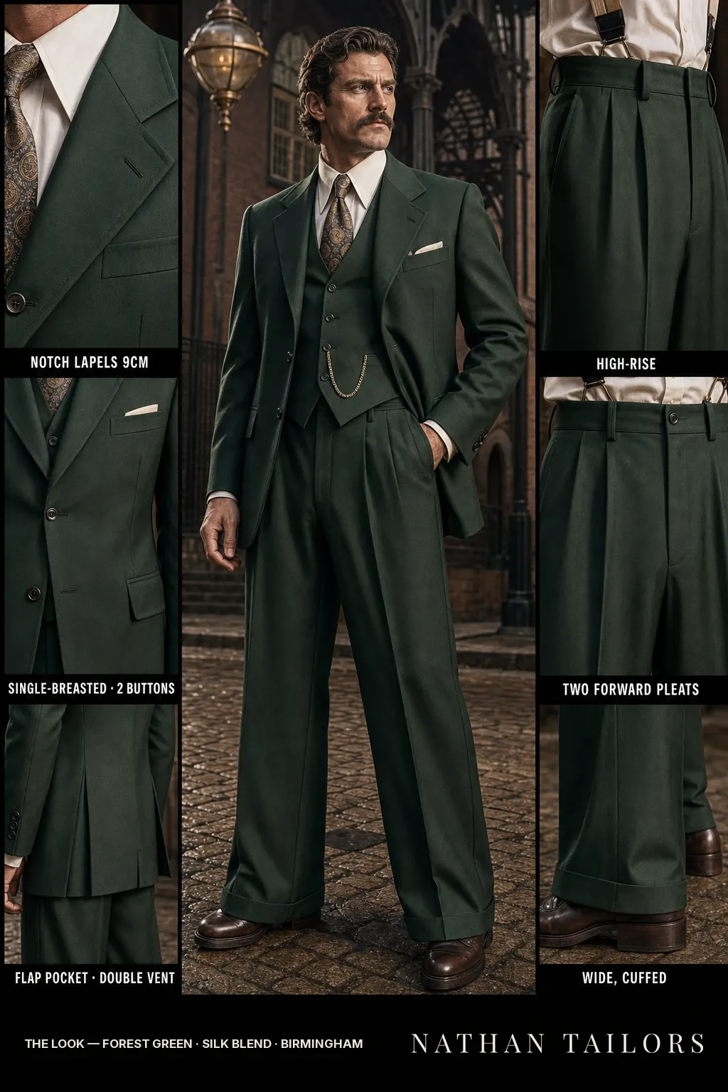 forest green single-breasted notch-lapel bespoke suit โ AI-rendered by Nathan Tailors, the Hoi An custom tailor. Available as a custom tailored suit from $149.