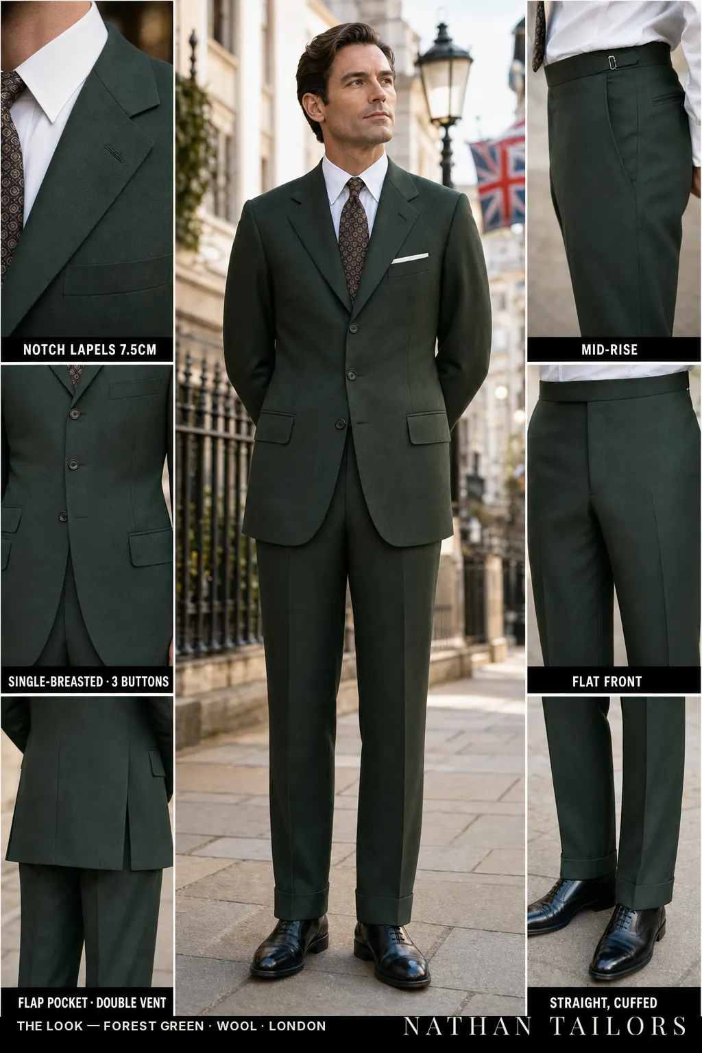 forest green single-breasted notch-lapel bespoke suit — AI-rendered by Nathan Tailors, the Hoi An custom tailor. Available as a custom tailored suit from $149.