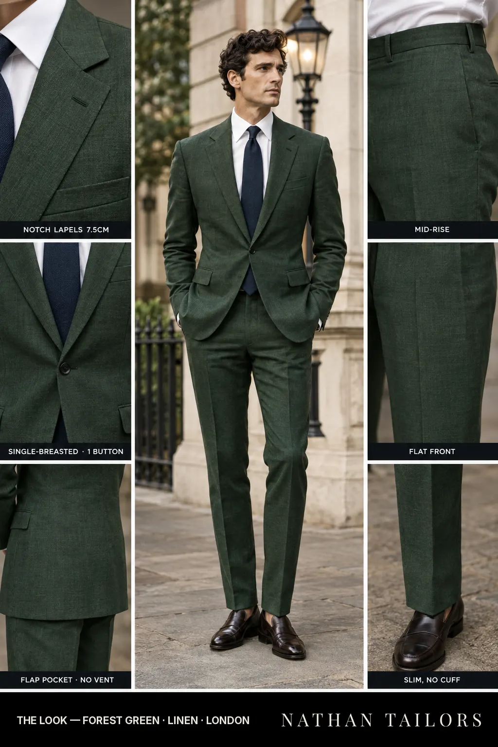 forest green single-breasted bespoke suit — custom tailored by Nathan Tailors, the Hoi An custom tailor
