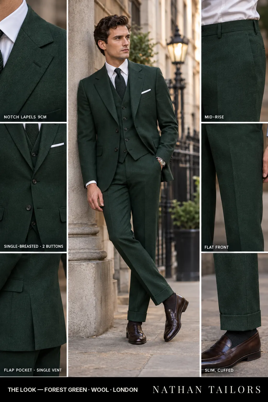 forest green single-breasted bespoke suit — custom tailored by Nathan Tailors, the Hoi An custom tailor