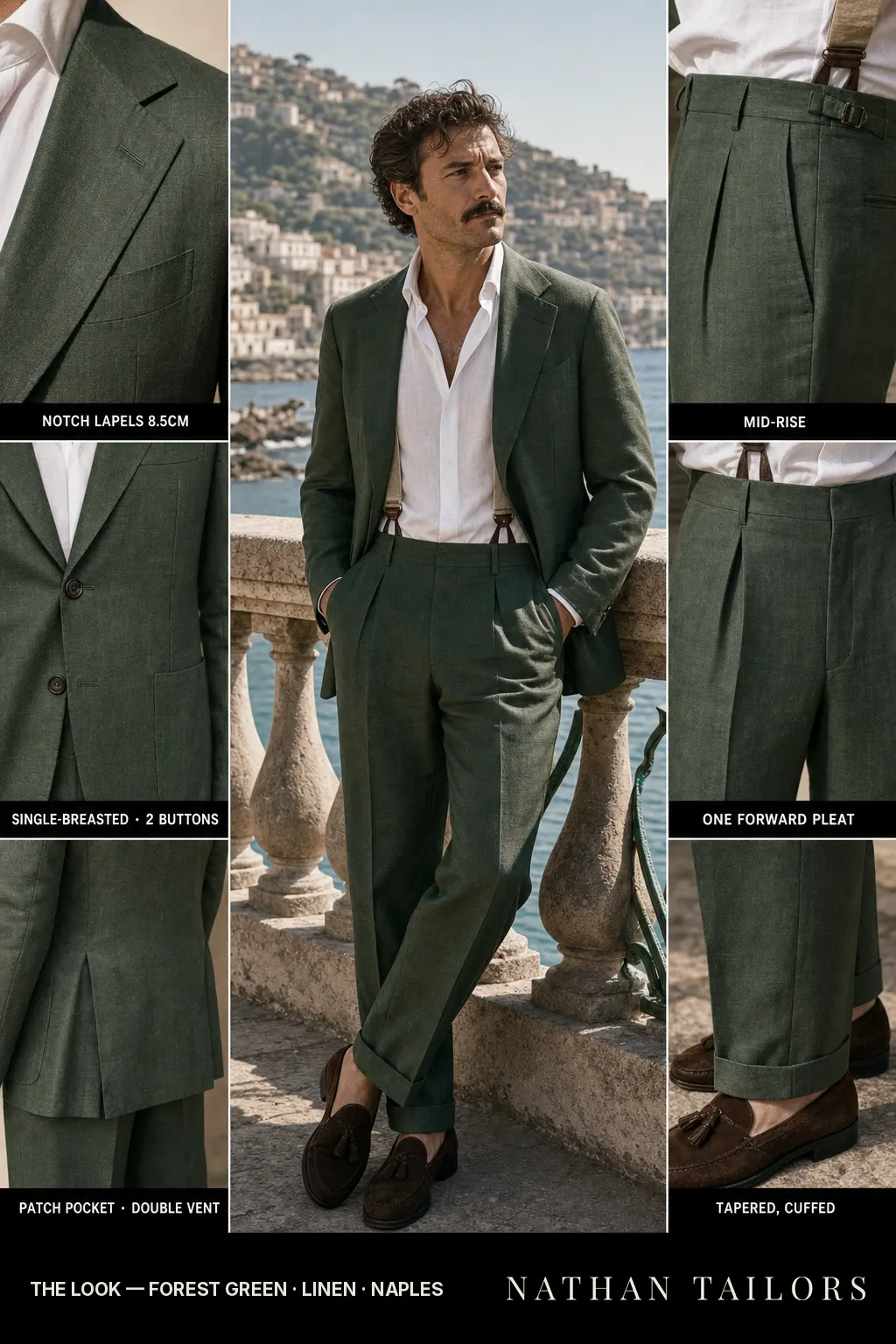 forest green single-breasted notch-lapel bespoke suit — AI-rendered by Nathan Tailors, the Hoi An custom tailor. Available as a custom tailored suit from $149.