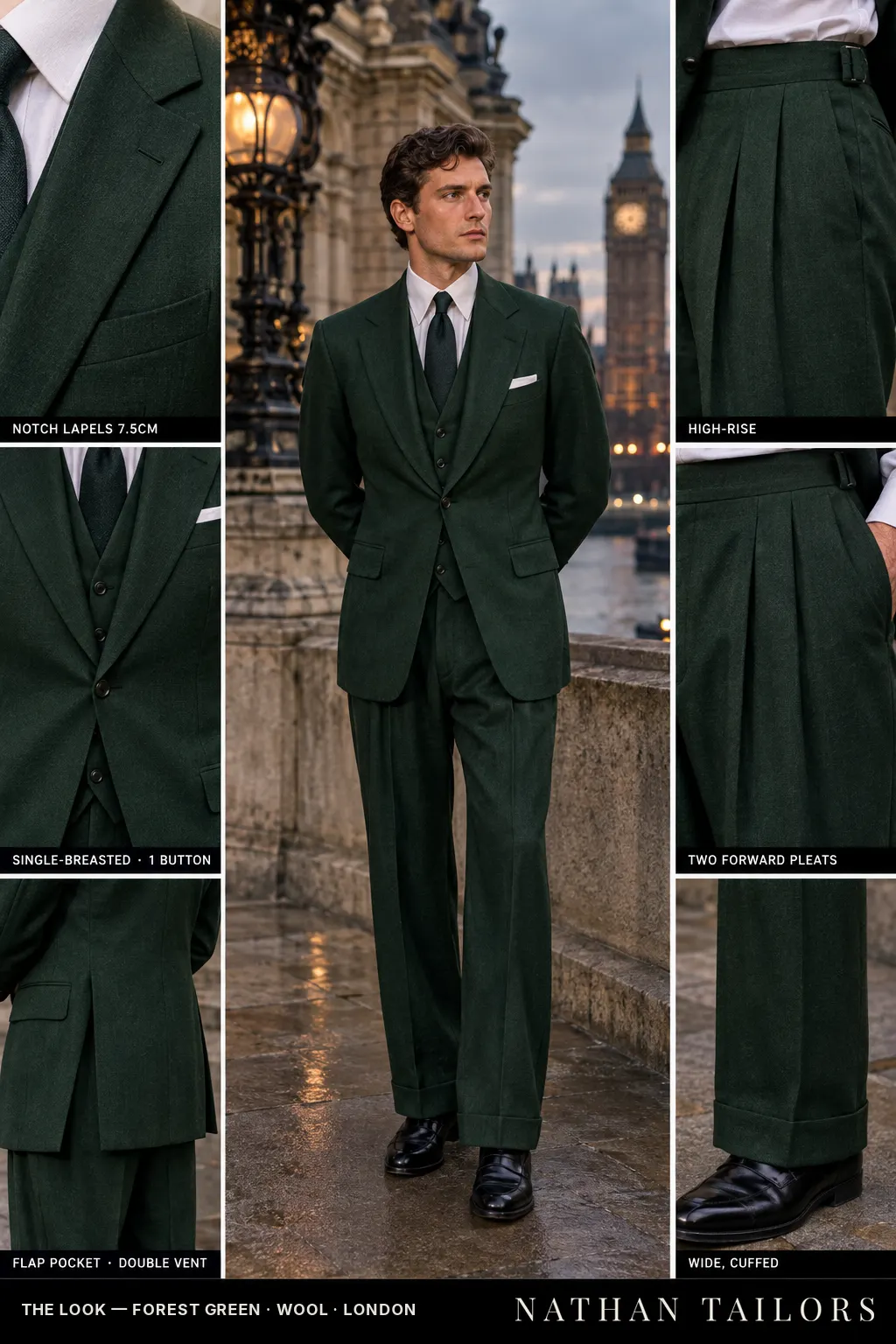 forest green single-breasted bespoke suit โ custom tailored by Nathan Tailors, the Hoi An custom tailor