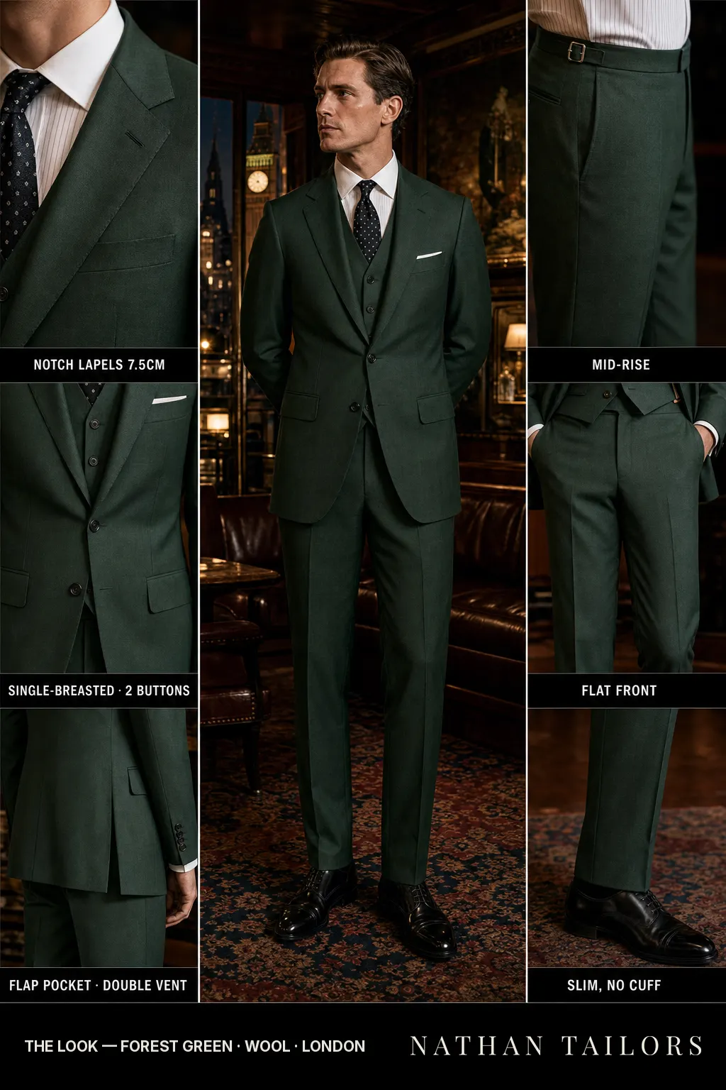 forest green single-breasted notch-lapel bespoke suit — AI-rendered by Nathan Tailors, the Hoi An custom tailor. Available as a custom tailored suit from $149.