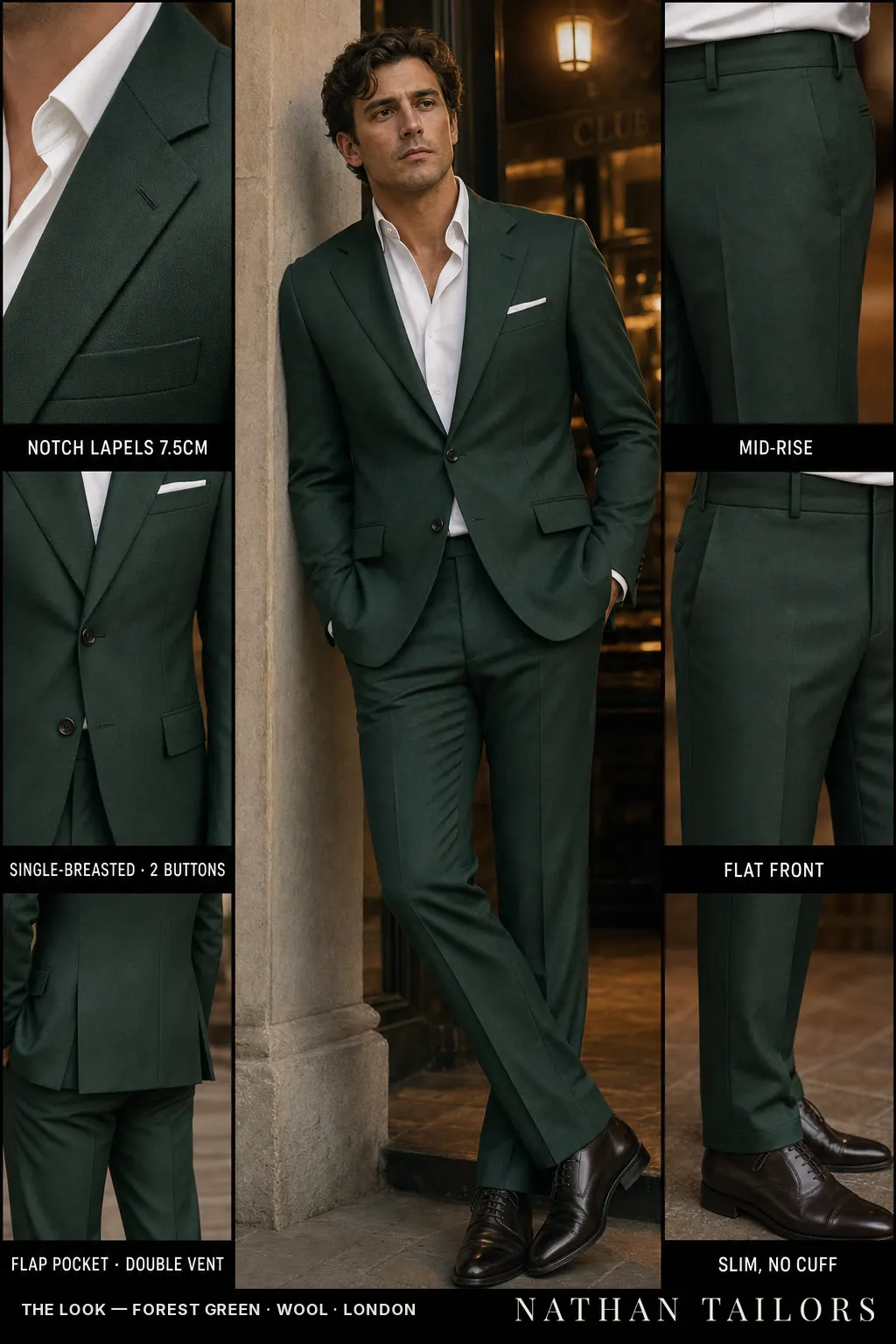forest green single-breasted notch-lapel bespoke suit — AI-rendered by Nathan Tailors, the Hoi An custom tailor. Available as a custom tailored suit from $149.