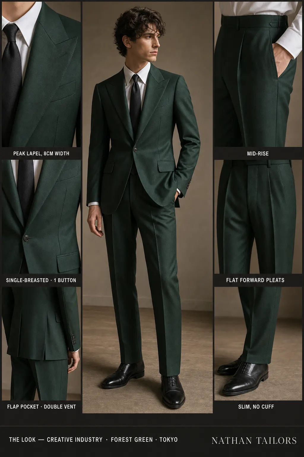 forest green single-breasted notch-lapel bespoke suit — AI-rendered by Nathan Tailors, the Hoi An custom tailor. Available as a custom tailored suit from $149.