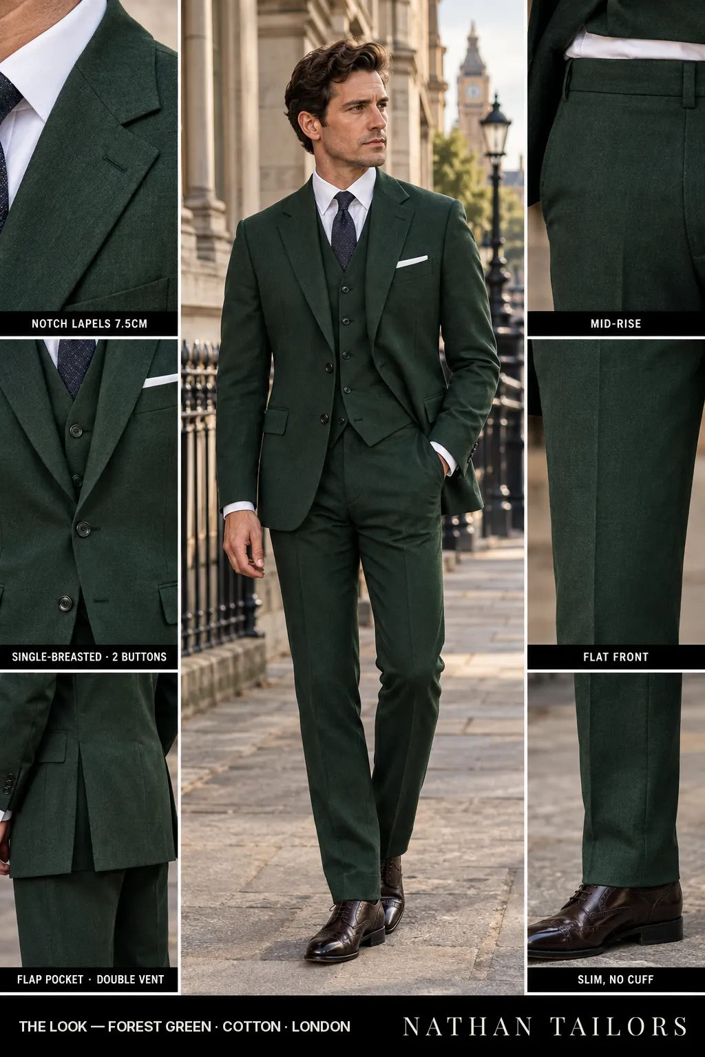 forest green single-breasted bespoke suit — custom tailored by Nathan Tailors, the Hoi An custom tailor