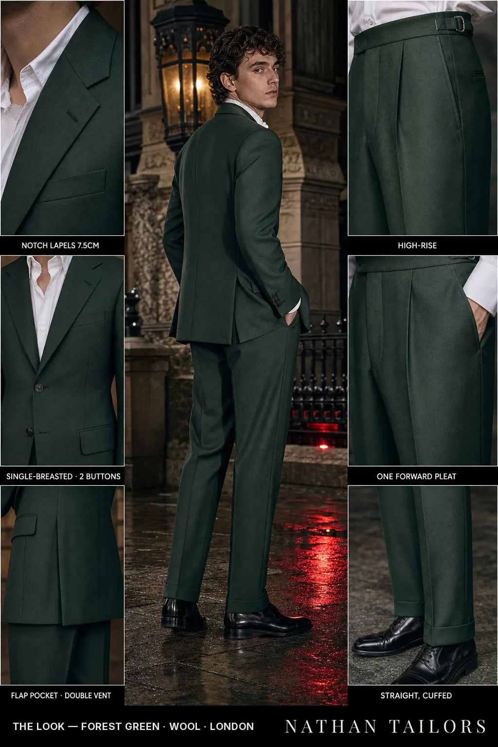 forest green single-breasted notch-lapel bespoke suit — AI-rendered by Nathan Tailors, the Hoi An custom tailor. Available as a custom tailored suit from $149.
