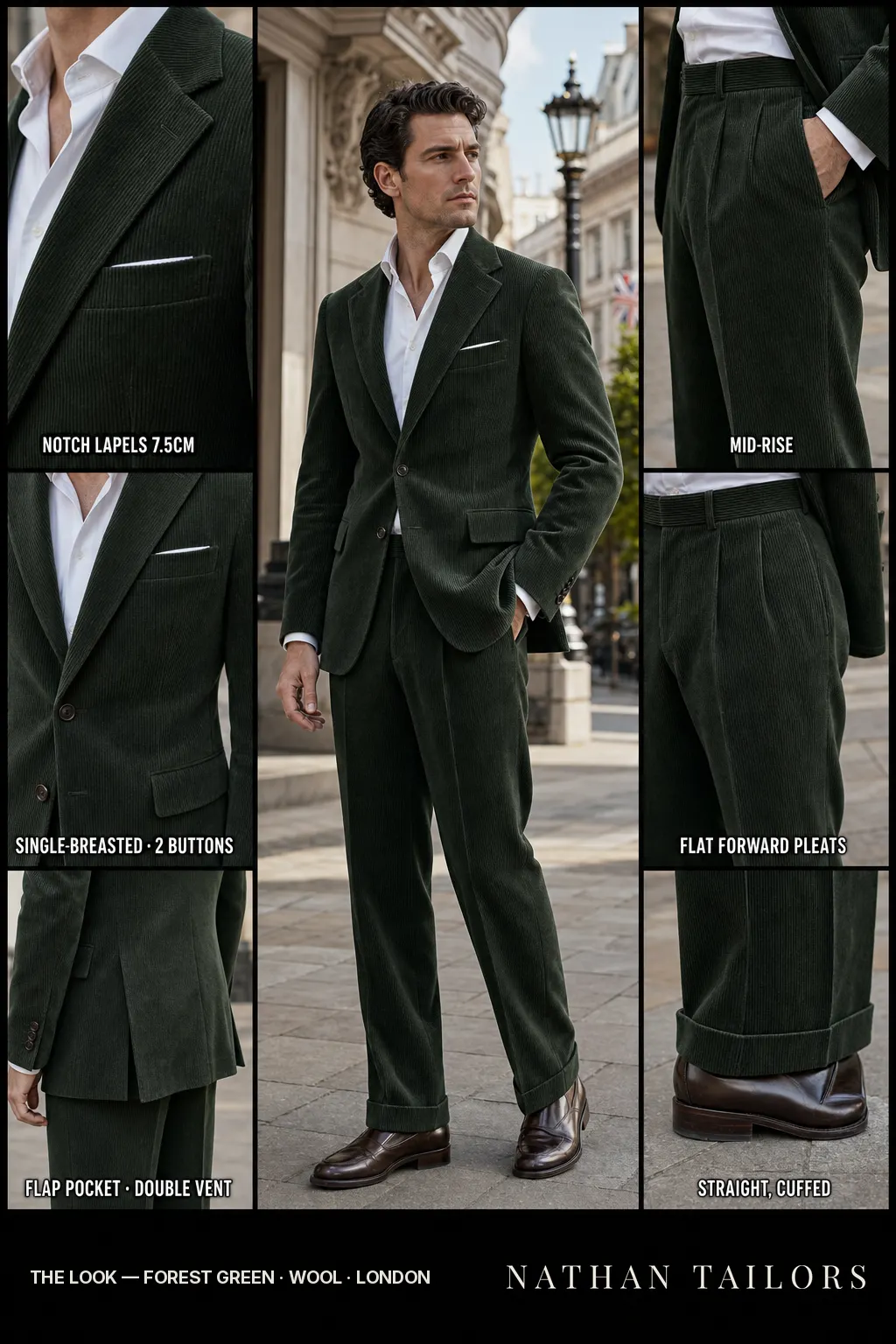 forest green single-breasted notch-lapel bespoke suit — AI-rendered by Nathan Tailors, the Hoi An custom tailor. Available as a custom tailored suit from $149.