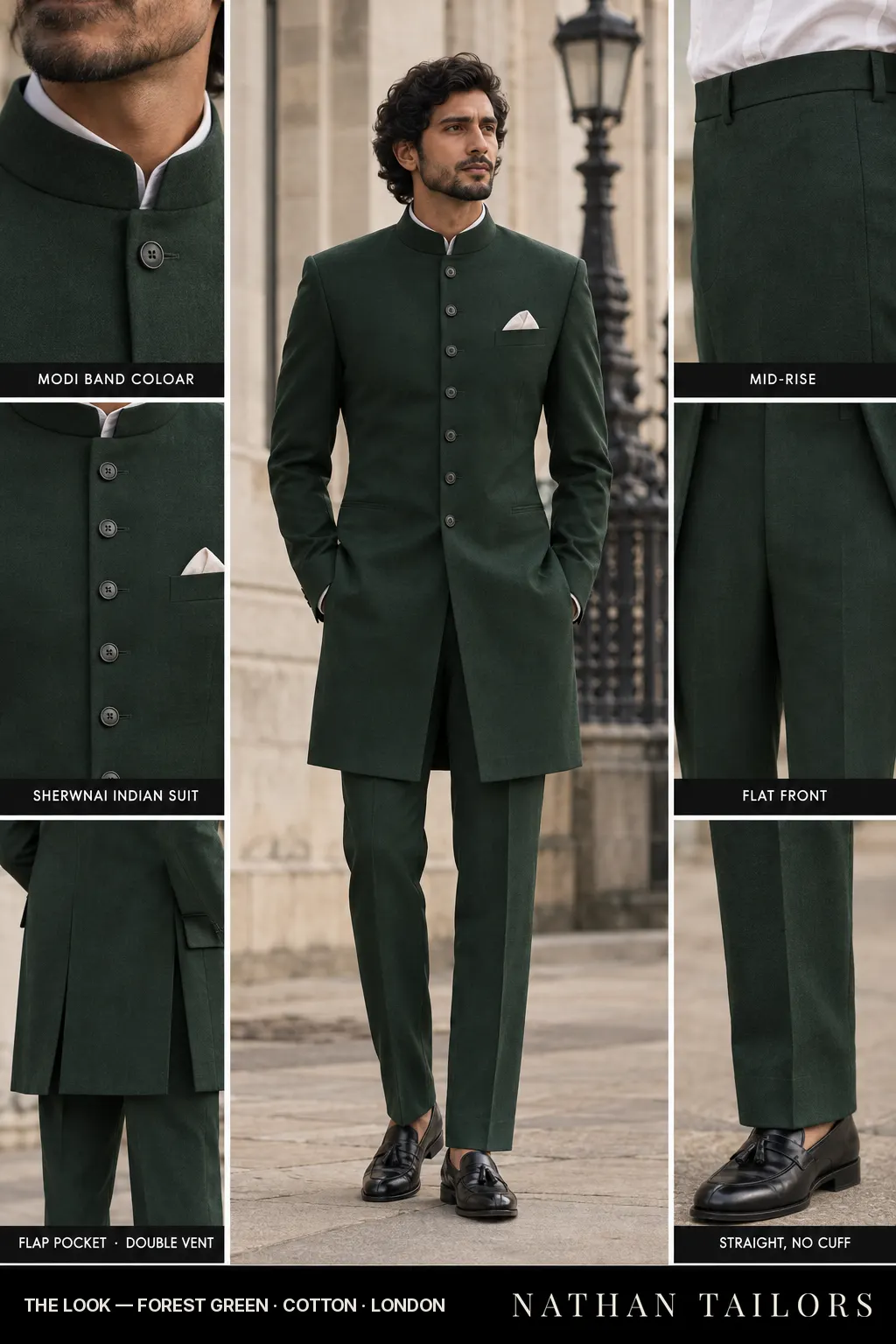 forest green single-breasted notch-lapel bespoke suit — AI-rendered by Nathan Tailors, the Hoi An custom tailor. Available as a custom tailored suit from $149.