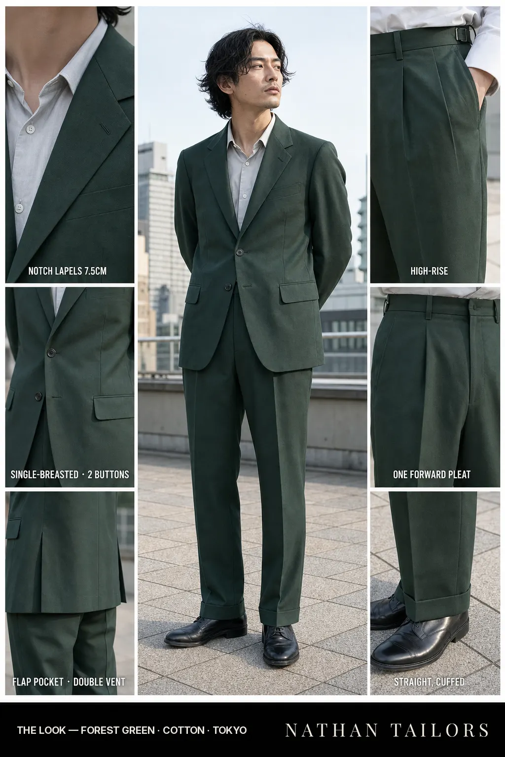forest green single-breasted notch-lapel bespoke suit — AI-rendered by Nathan Tailors, the Hoi An custom tailor. Available as a custom tailored suit from $149.