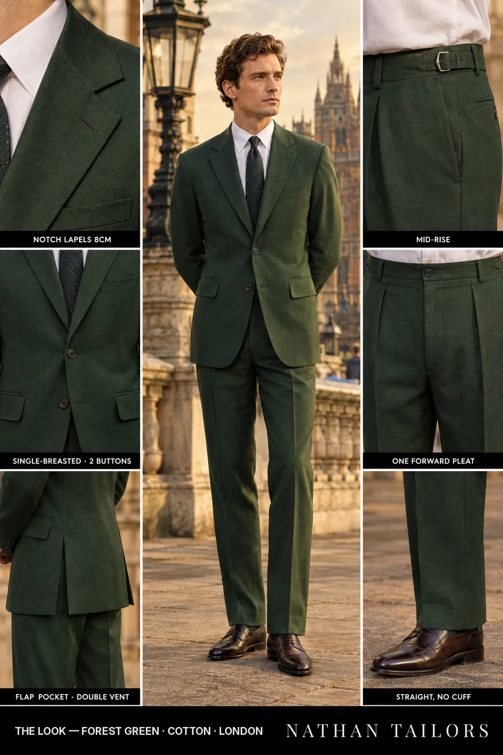 forest green single-breasted bespoke suit — custom tailored by Nathan Tailors, the Hoi An custom tailor