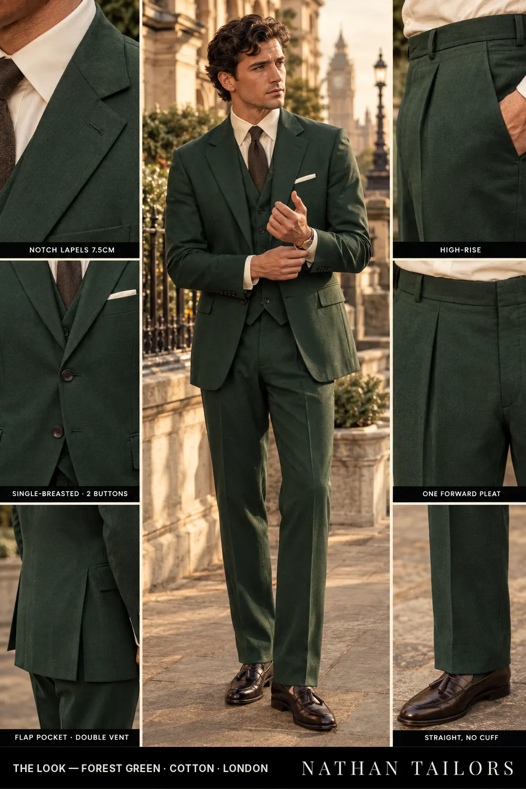 forest green single-breasted bespoke suit — custom tailored by Nathan Tailors, the Hoi An custom tailor