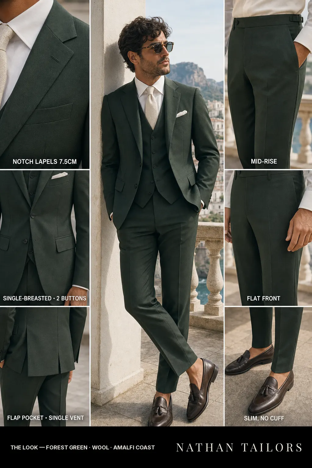forest green single-breasted notch-lapel bespoke suit — AI-rendered by Nathan Tailors, the Hoi An custom tailor. Available as a custom tailored suit from $149.