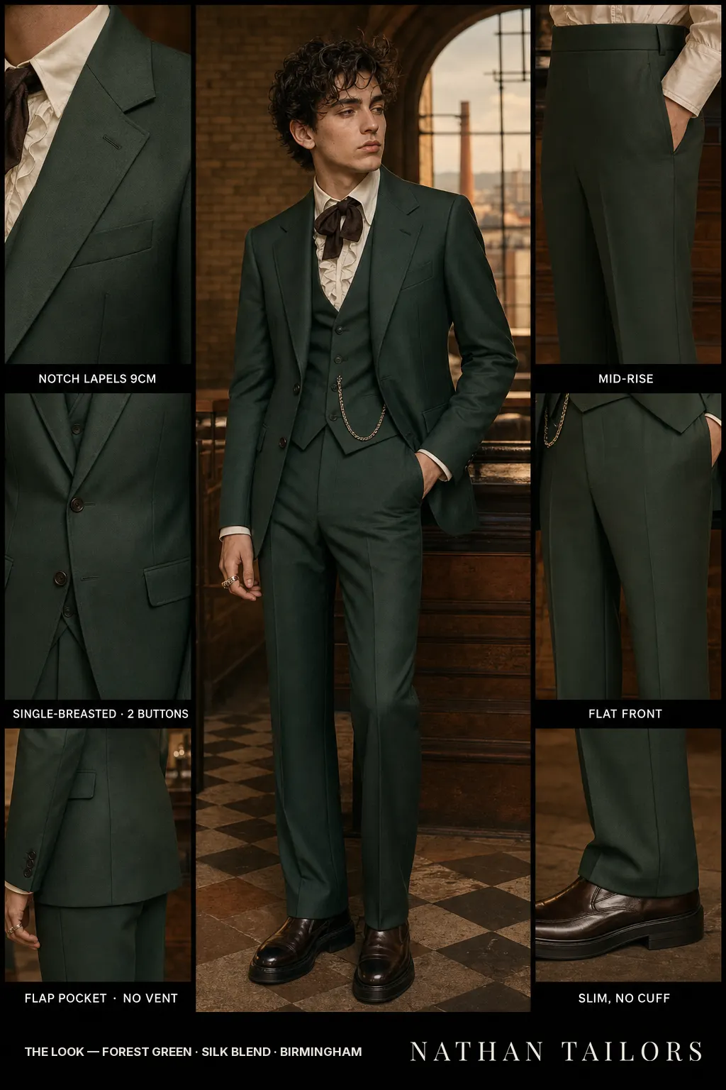 forest green single-breasted notch-lapel bespoke suit — AI-rendered by Nathan Tailors, the Hoi An custom tailor. Available as a custom tailored suit from $149.