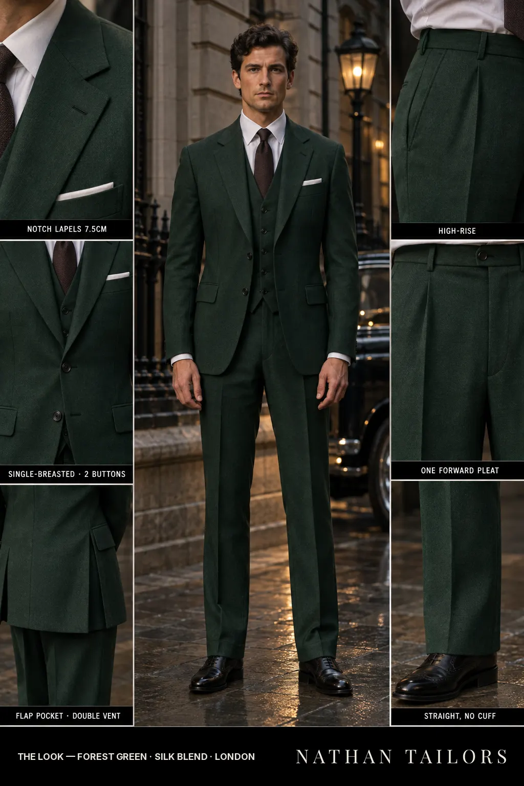 forest green single-breasted notch-lapel bespoke suit โ AI-rendered by Nathan Tailors, the Hoi An custom tailor. Available as a custom tailored suit from $169.