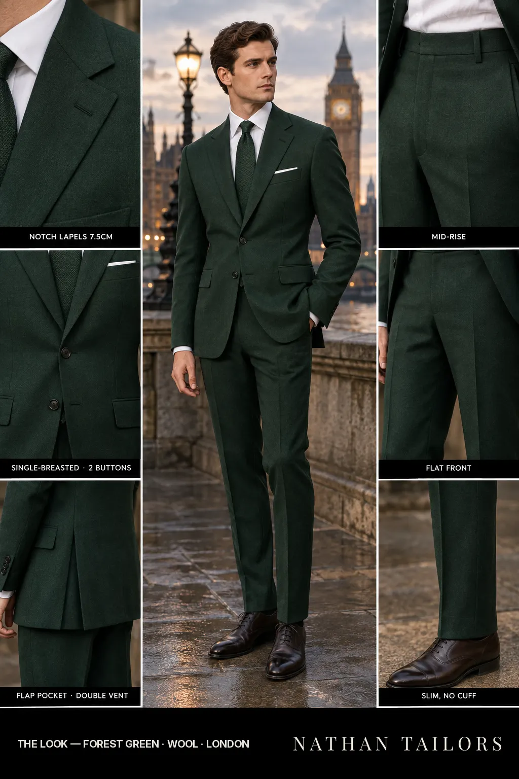 forest green single-breasted bespoke suit โ custom tailored by Nathan Tailors, the Hoi An custom tailor