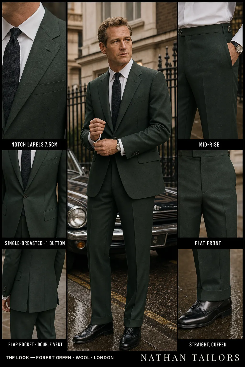 forest green single-breasted notch-lapel bespoke suit — AI-rendered by Nathan Tailors, the Hoi An custom tailor. Available as a custom tailored suit from $149.