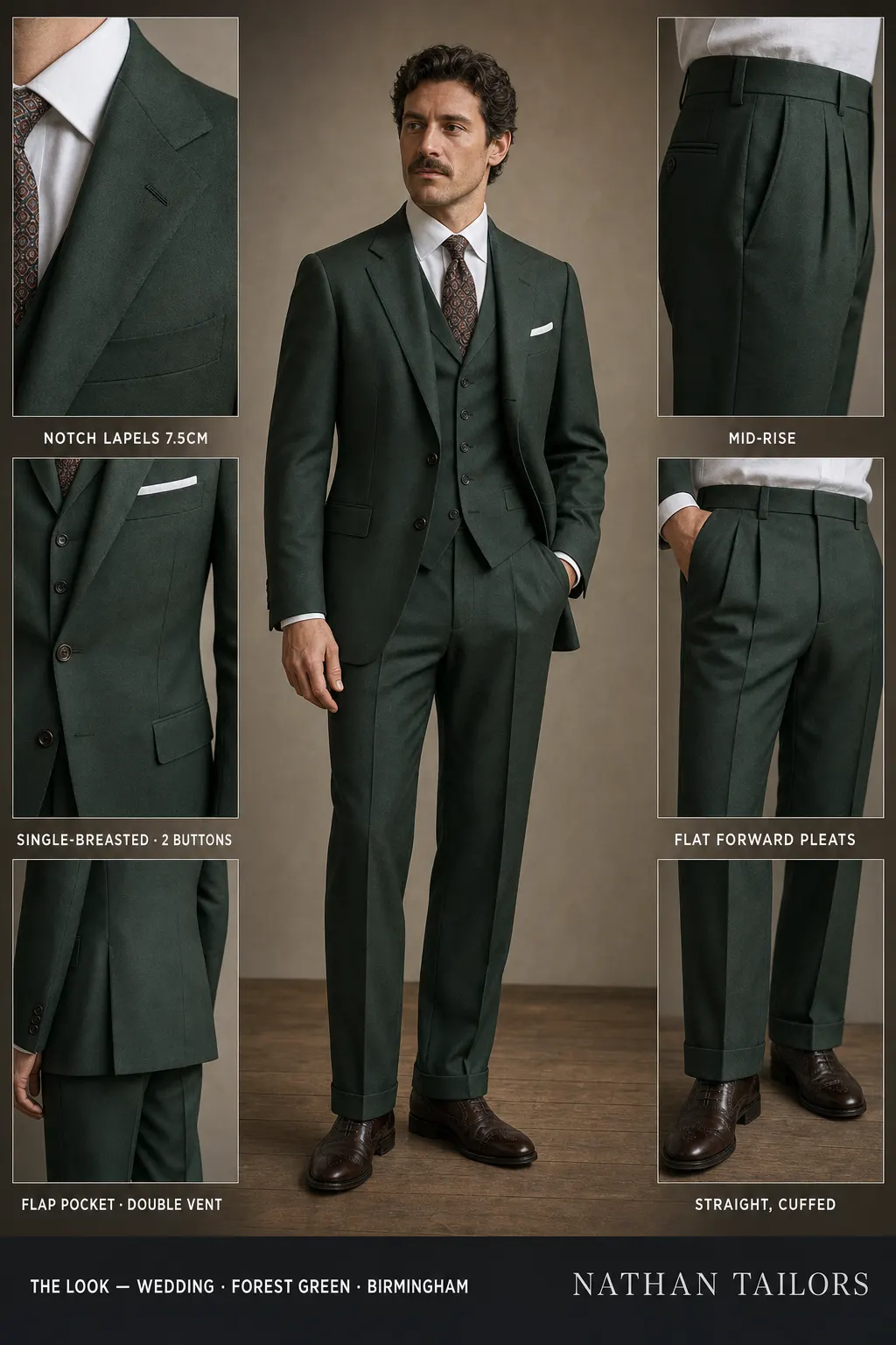forest green single-breasted notch-lapel bespoke suit โ AI-rendered by Nathan Tailors, the Hoi An custom tailor. Available as a custom tailored suit from $149.