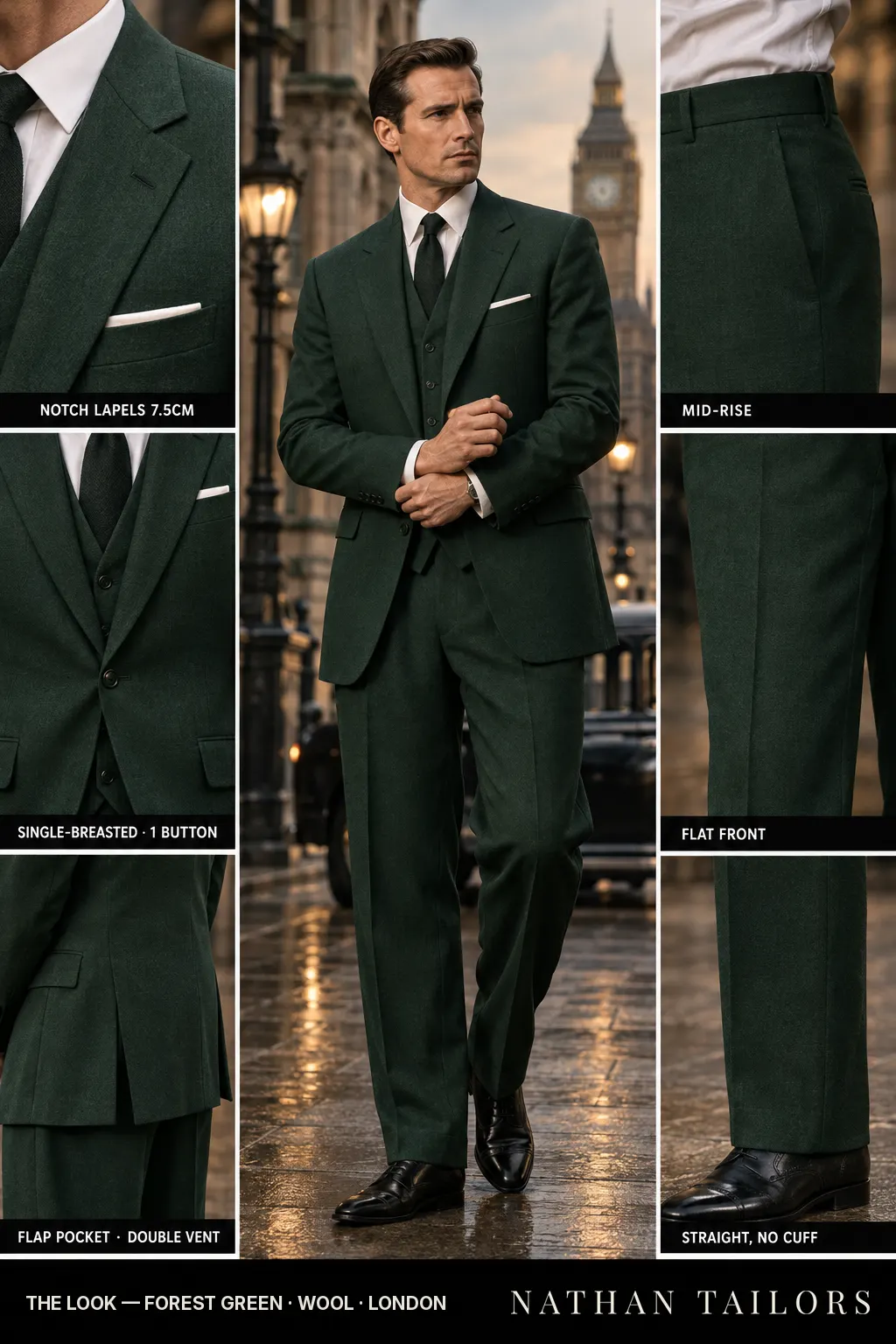 forest green single-breasted bespoke suit โ custom tailored by Nathan Tailors, the Hoi An custom tailor