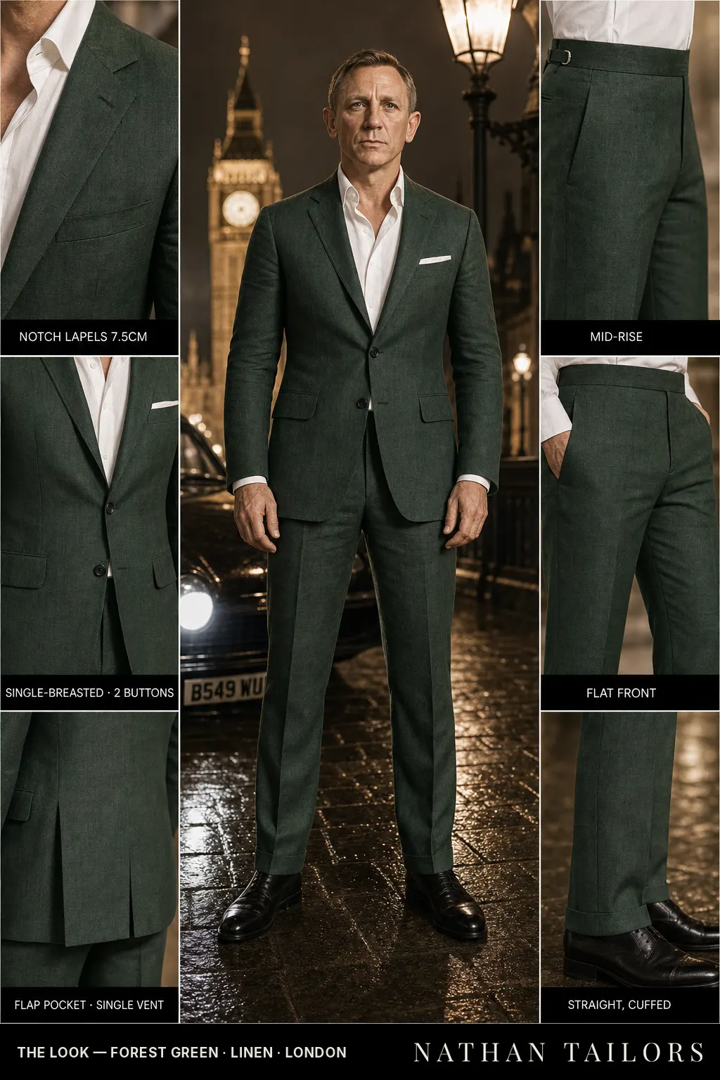 forest green single-breasted notch-lapel bespoke suit — AI-rendered by Nathan Tailors, the Hoi An custom tailor. Available as a custom tailored suit from $149.